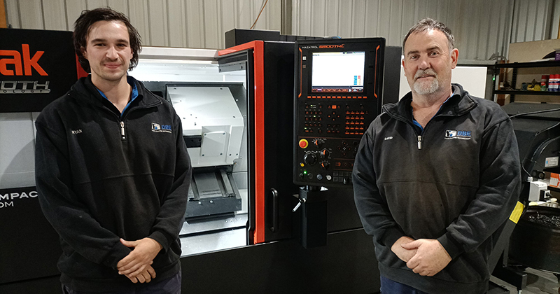 David Baxter right and machinist Ryan Tatterson left very happy with the machining performance of their new Mazak QT Compact 300M